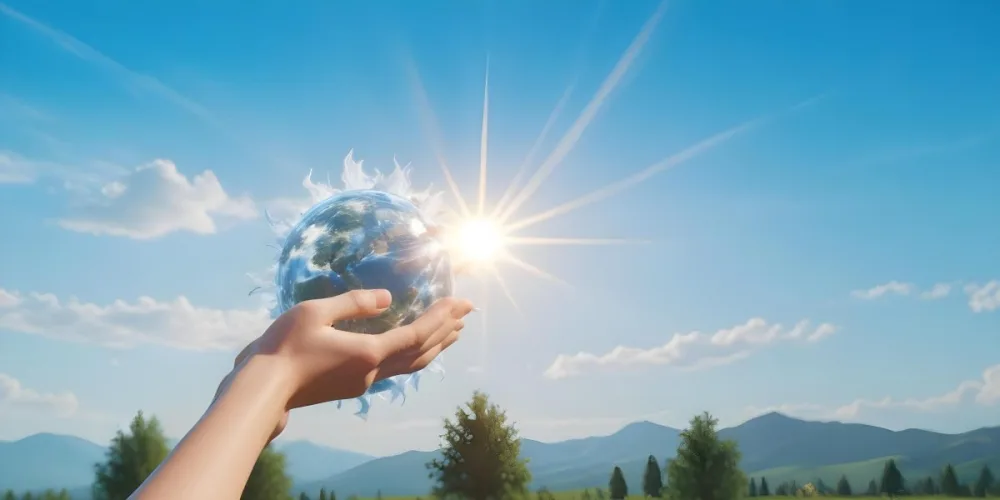 A Pair Of Hands Holding The Sun The Sun Is Shining From Behind The Sun Blue Sky And Green Field In The Background 12 F951