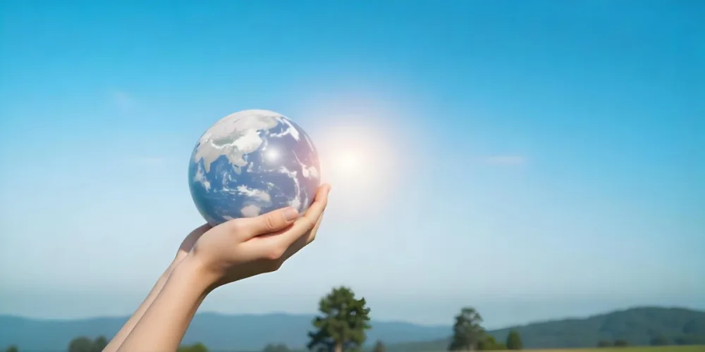 A Pair Of Hands Holding The Sun The Sun Is Shining From Behind The Sun Blue Sky And Green Field In The Background 19 F20b