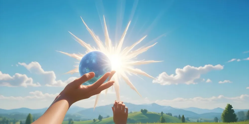 A Pair Of Hands Holding The Sun The Sun Is Shining From Behind The Sun Blue Sky And Green Field In The Background 2 Db18