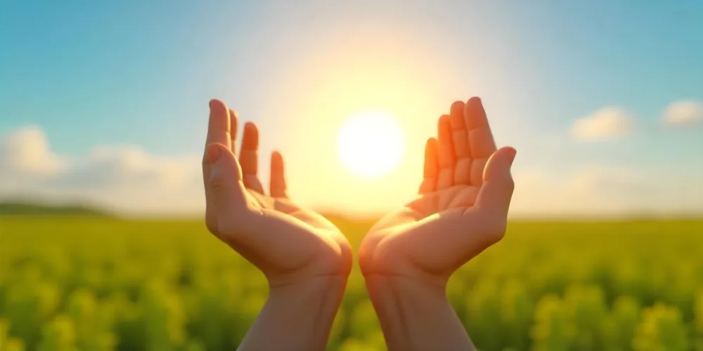 A Pair Of Hands Holding The Sun The Sun Is Shining From Behind The Sun Blue Sky And Green Field In The Background 28 E090