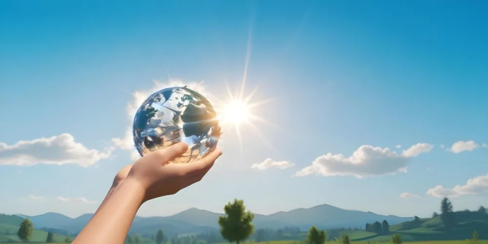 A Pair Of Hands Holding The Sun The Sun Is Shining From Behind The Sun Blue Sky And Green Field In The Background 4 F2b2