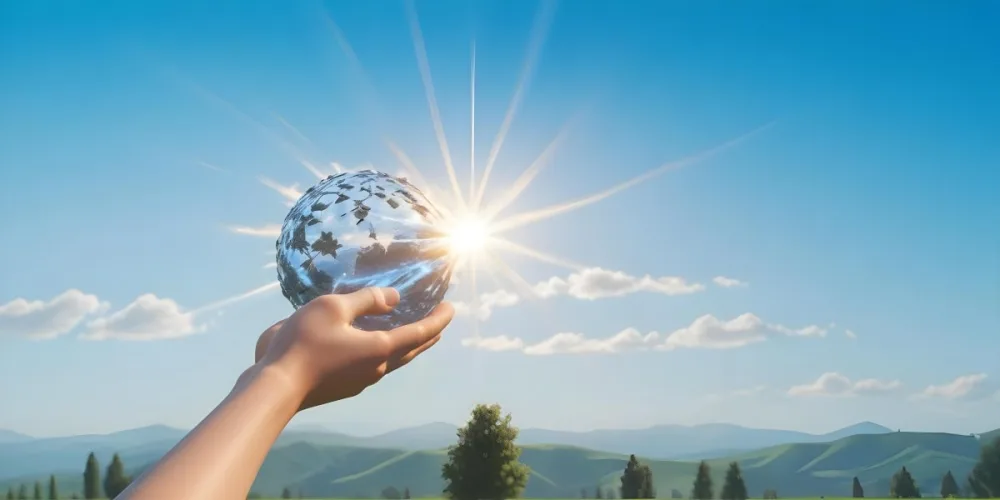 A Pair Of Hands Holding The Sun The Sun Is Shining From Behind The Sun Blue Sky And Green Field In The Background 6 F5f2