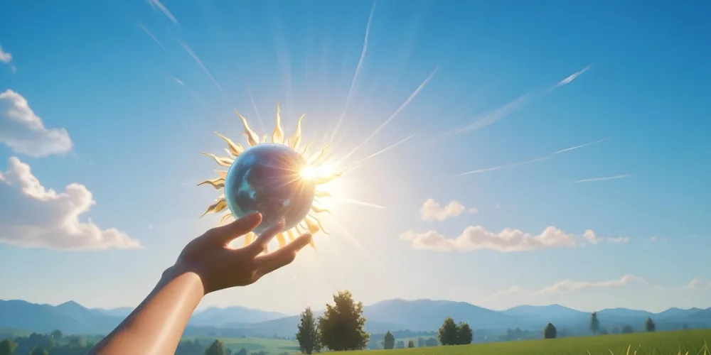 A Pair Of Hands Holding The Sun The Sun Is Shining From Behind The Sun Blue Sky And Green Field In The Background 8 Ccd4