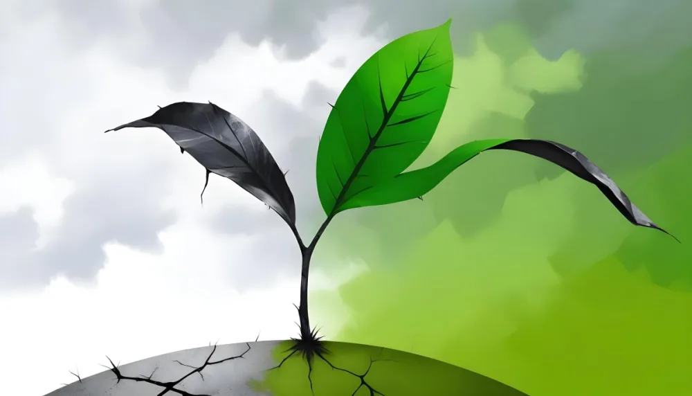 A Plant With One Green Leaf And One Black Leaf On A Cracked Earth Green Hill And Cloudy Sky 96 0c35