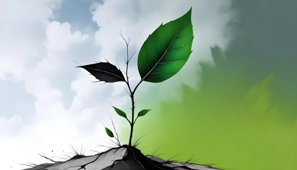 A Plant With One Green Leaf And One Black Leaf On A Cracked Earth Green Hill And Cloudy Sky 97 A37c
