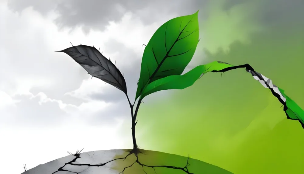 A Plant With One Green Leaf And One Black Leaf On A Cracked Earth Green Hill And Cloudy Sky 98 5529