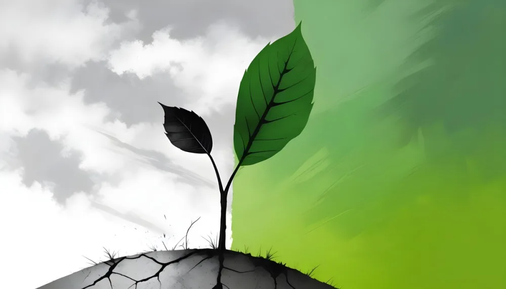 A Plant With One Green Leaf And One Black Leaf On A Cracked Earth Green Hill And Cloudy Sky 99 C341