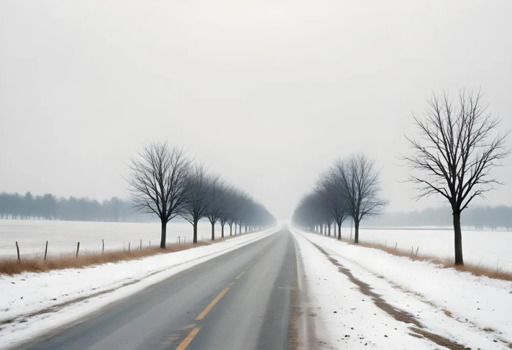 A Row Of Bare Trees Lining A Snowy Rural Road On An Overcast Winter Day 1 C630