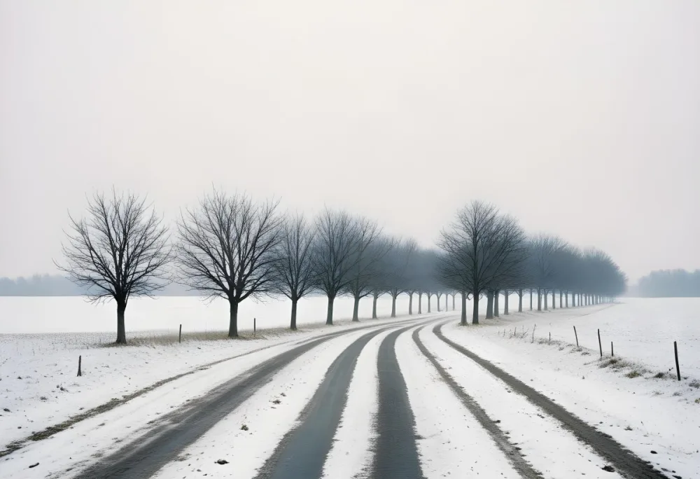 A Row Of Bare Trees Lining A Snowy Rural Road On An Overcast Winter Day 10 45cd
