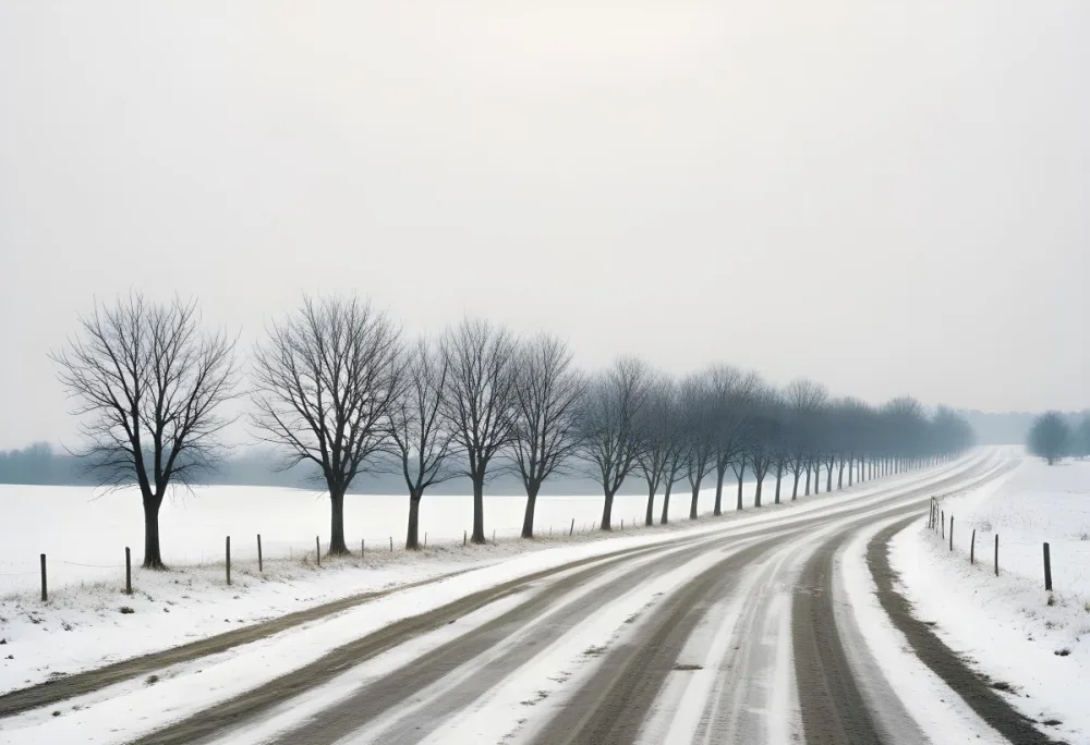 A Row Of Bare Trees Lining A Snowy Rural Road On An Overcast Winter Day 13 0b86