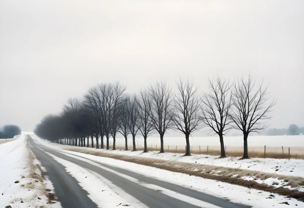 A Row Of Bare Trees Lining A Snowy Rural Road On An Overcast Winter Day 14 8d39