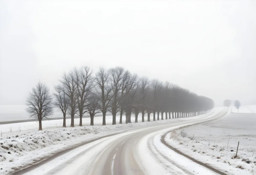 A Row Of Bare Trees Lining A Snowy Rural Road On An Overcast Winter Day 20 Bda9