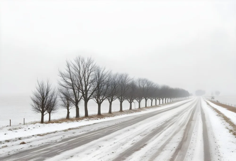 A Row Of Bare Trees Lining A Snowy Rural Road On An Overcast Winter Day 21 161c