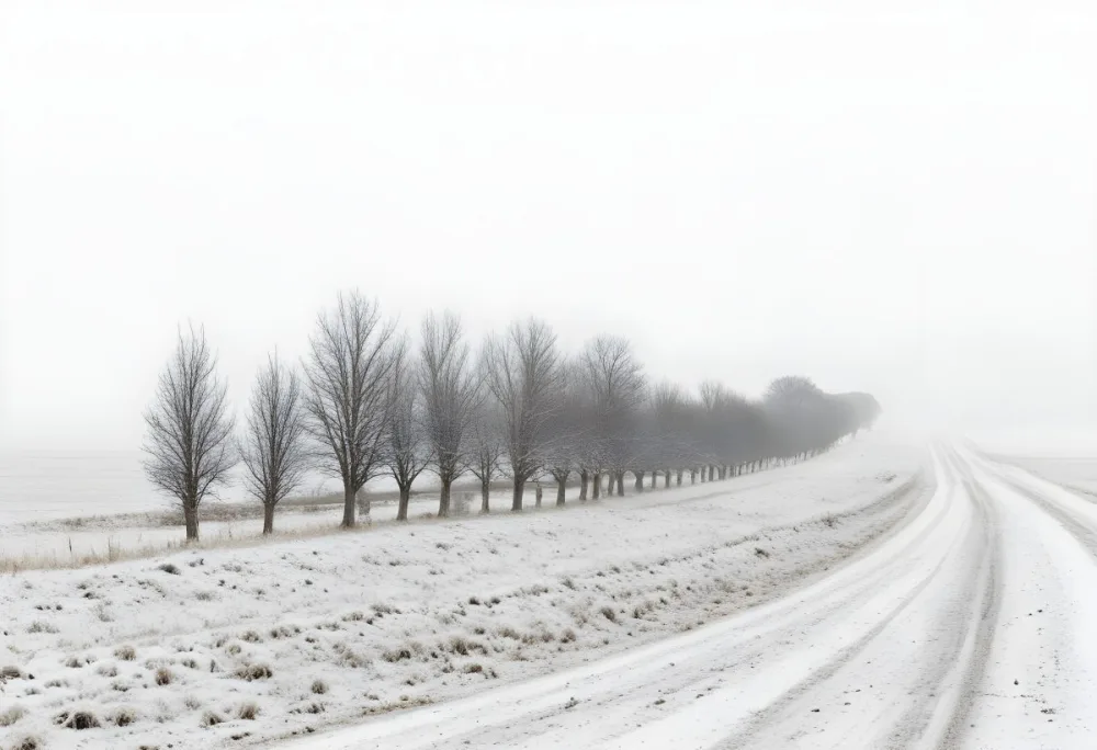 A Row Of Bare Trees Lining A Snowy Rural Road On An Overcast Winter Day 23 E3bc