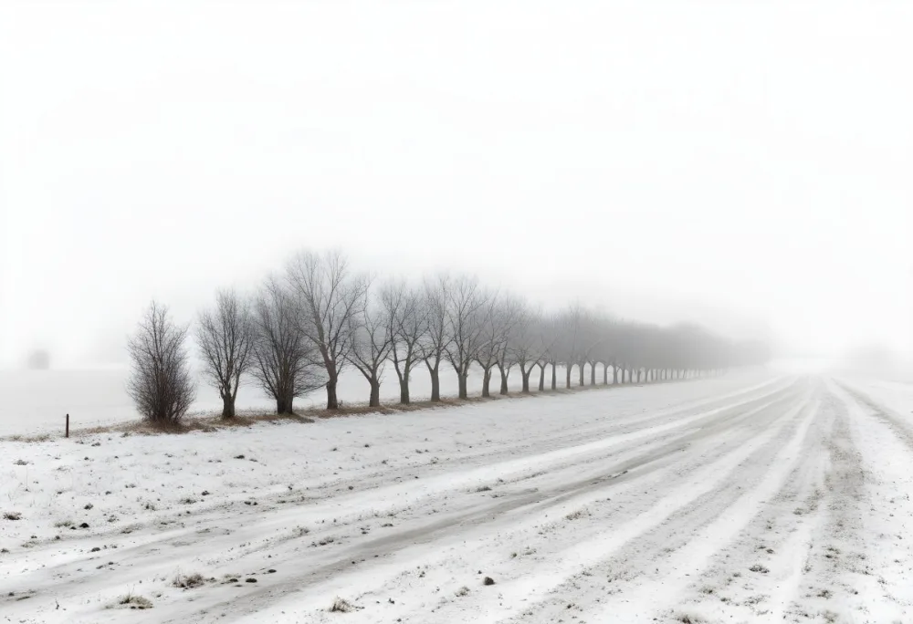 A Row Of Bare Trees Lining A Snowy Rural Road On An Overcast Winter Day 26 B1bd