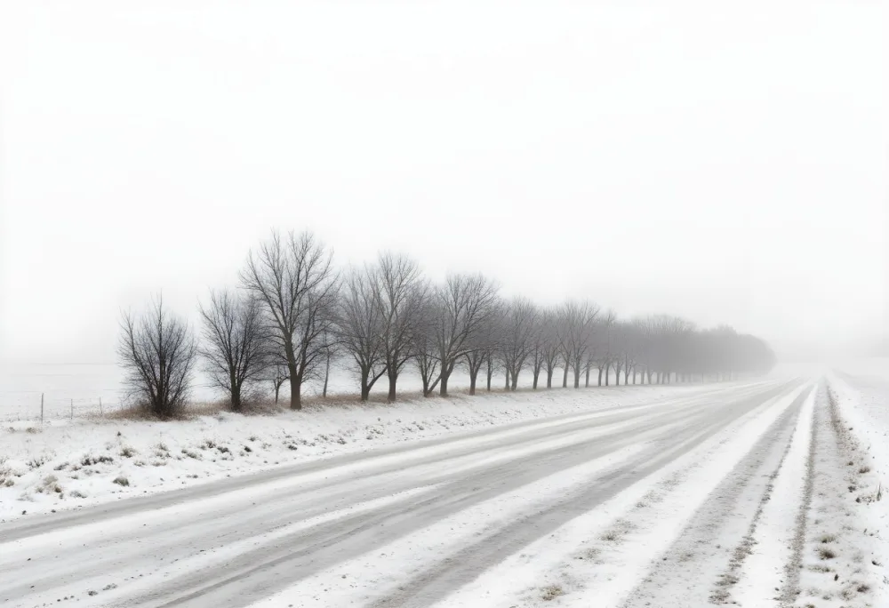 A Row Of Bare Trees Lining A Snowy Rural Road On An Overcast Winter Day 27 E84f
