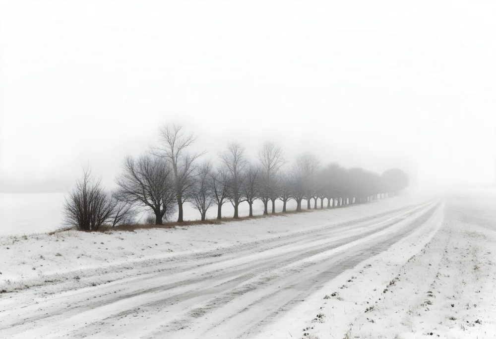 A Row Of Bare Trees Lining A Snowy Rural Road On An Overcast Winter Day 28 40fd