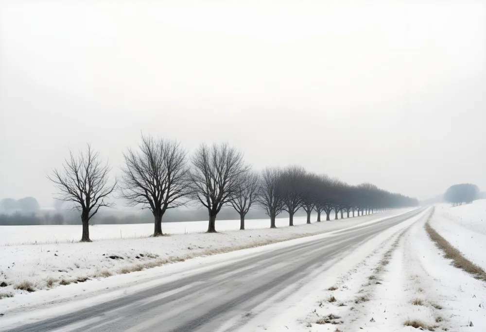 A Row Of Bare Trees Lining A Snowy Rural Road On An Overcast Winter Day 4 Fbdd