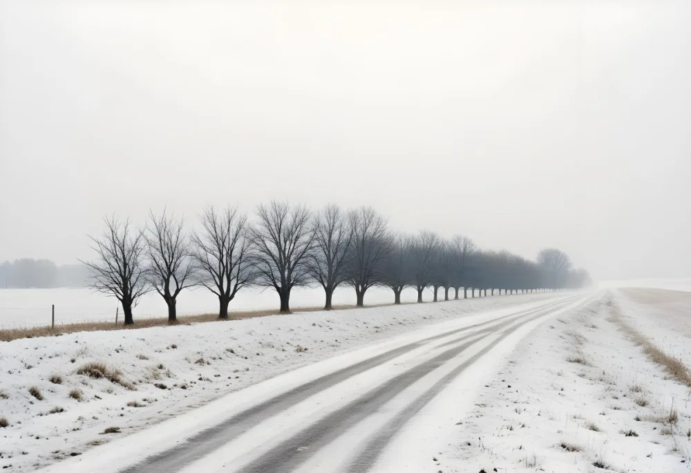 A Row Of Bare Trees Lining A Snowy Rural Road On An Overcast Winter Day 5 336e
