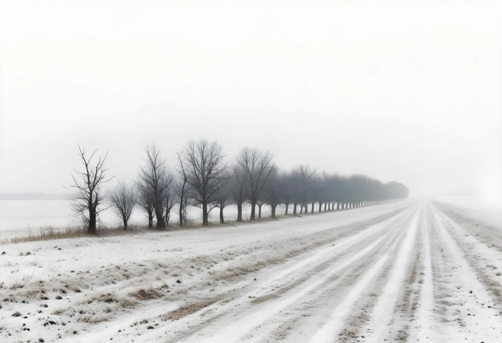 A Row Of Bare Trees Lining A Snowy Rural Road On An Overcast Winter Day 6 6e10
