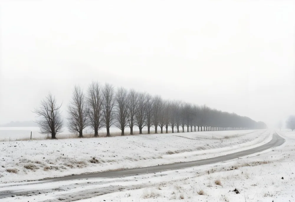 A Row Of Bare Trees Lining A Snowy Rural Road On An Overcast Winter Day 8 D989