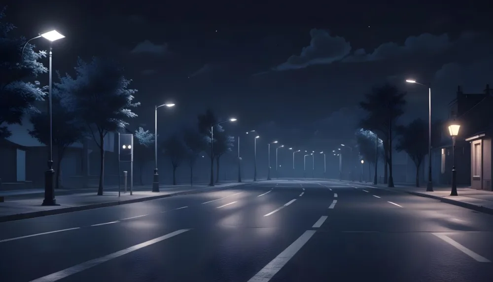 A Row Of Street Lights Illuminating A Street At Night The Sky Is Dark Blue The Road Is Empty And The Scene Is Quiet 13 Eb87