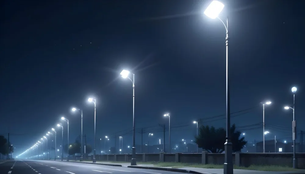 A Row Of Street Lights Illuminating A Street At Night The Sky Is Dark Blue The Road Is Empty And The Scene Is Quiet 14 B410