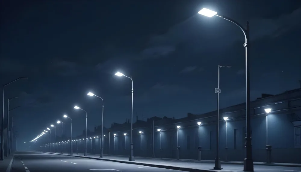 A Row Of Street Lights Illuminating A Street At Night The Sky Is Dark Blue The Road Is Empty And The Scene Is Quiet 19 43a3