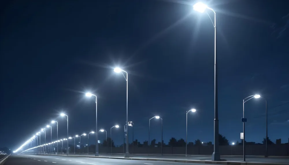 A Row Of Street Lights Illuminating A Street At Night The Sky Is Dark Blue The Road Is Empty And The Scene Is Quiet 2 10ae