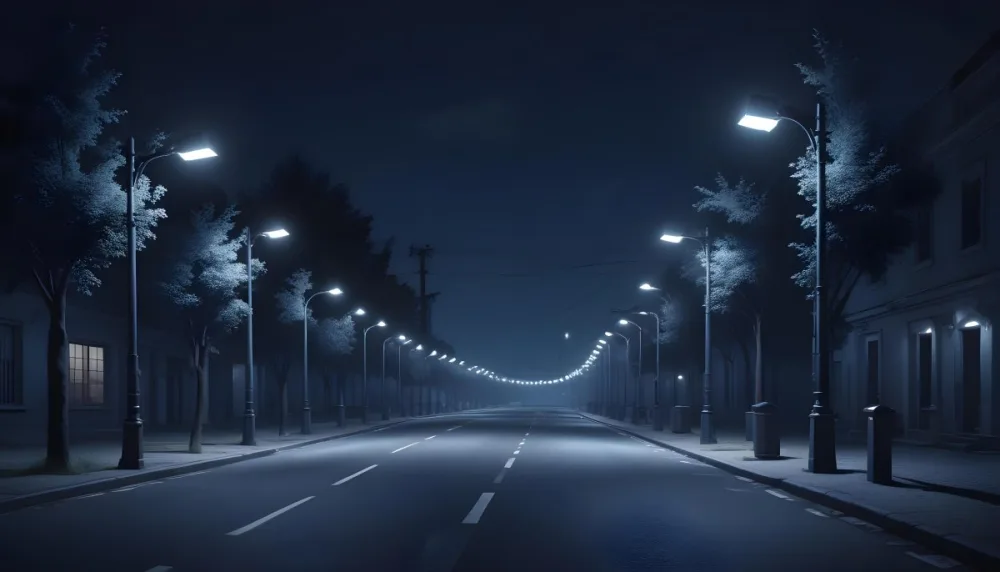 A Row Of Street Lights Illuminating A Street At Night The Sky Is Dark Blue The Road Is Empty And The Scene Is Quiet 22 8e06