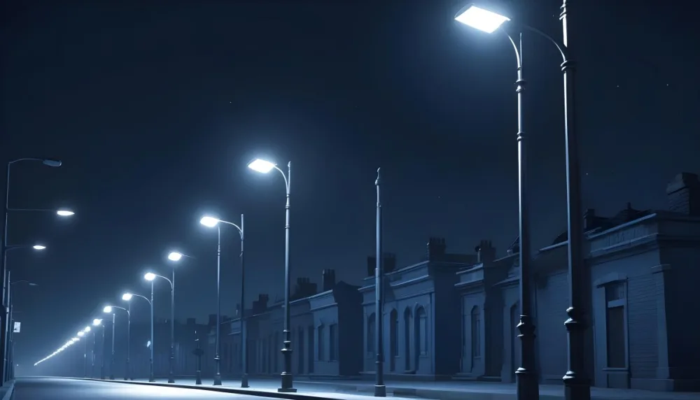 A Row Of Street Lights Illuminating A Street At Night The Sky Is Dark Blue The Road Is Empty And The Scene Is Quiet 23 5692