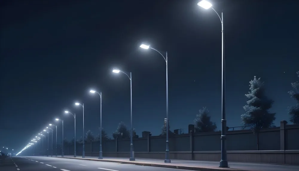 A Row Of Street Lights Illuminating A Street At Night The Sky Is Dark Blue The Road Is Empty And The Scene Is Quiet 24 5bea