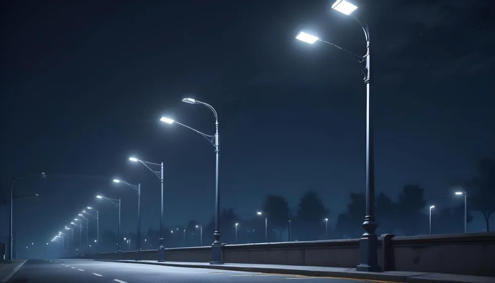A Row Of Street Lights Illuminating A Street At Night The Sky Is Dark Blue The Road Is Empty And The Scene Is Quiet 26 0a58