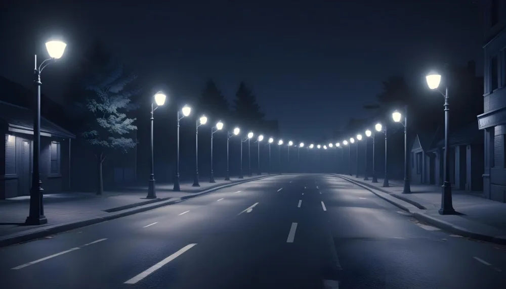 A Row Of Street Lights Illuminating A Street At Night The Sky Is Dark Blue The Road Is Empty And The Scene Is Quiet 27 289b
