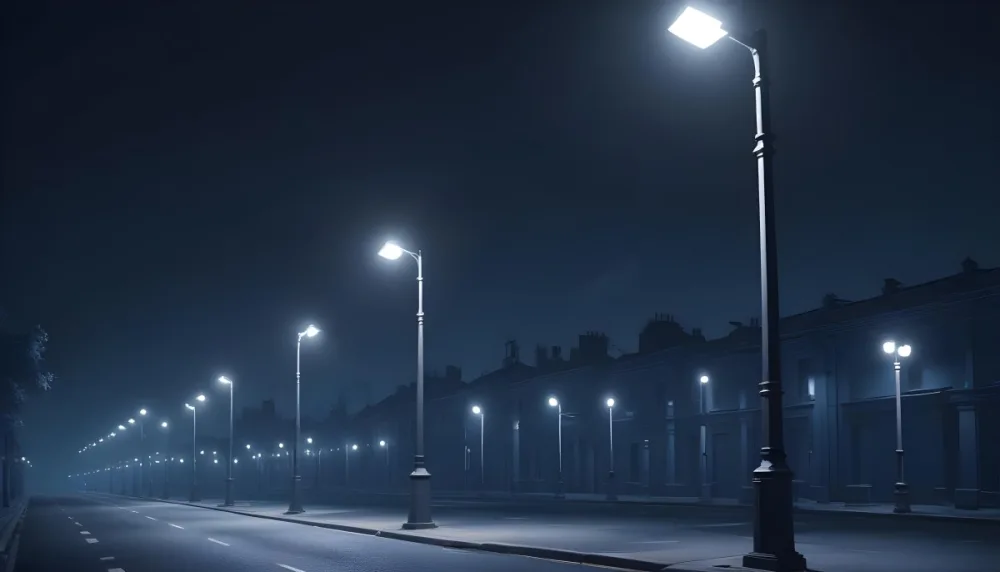 A Row Of Street Lights Illuminating A Street At Night The Sky Is Dark Blue The Road Is Empty And The Scene Is Quiet 28 Db7f