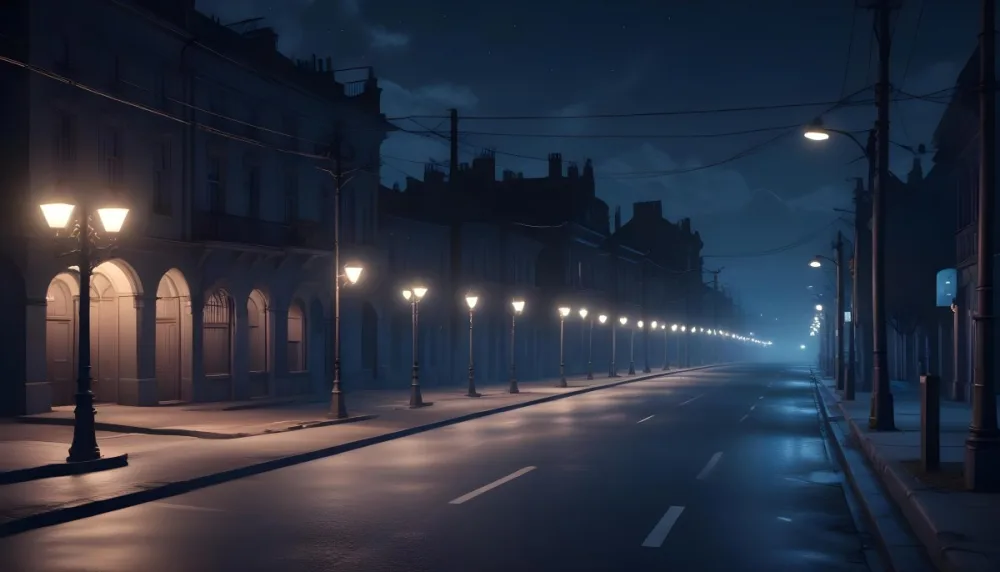 A Row Of Street Lights Illuminating A Street At Night The Sky Is Dark Blue The Road Is Empty And The Scene Is Quiet 29 8d21