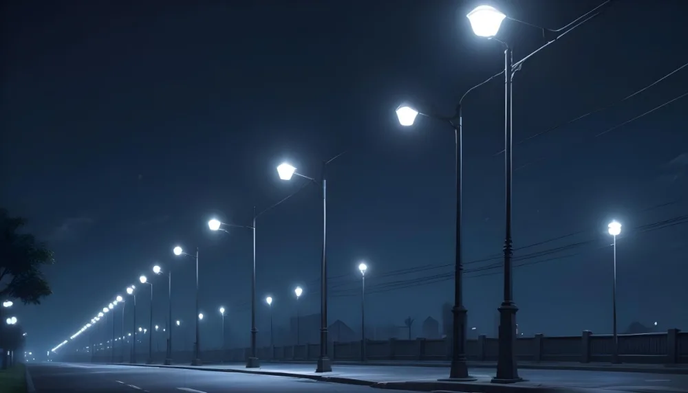 A Row Of Street Lights Illuminating A Street At Night The Sky Is Dark Blue The Road Is Empty And The Scene Is Quiet 3 2921