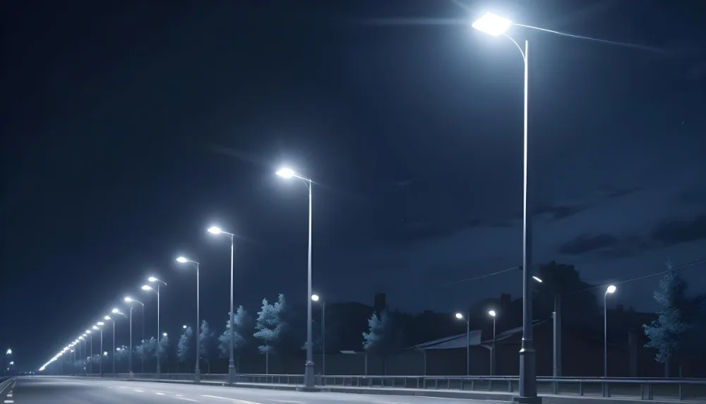 A Row Of Street Lights Illuminating A Street At Night The Sky Is Dark Blue The Road Is Empty And The Scene Is Quiet 30 9e83