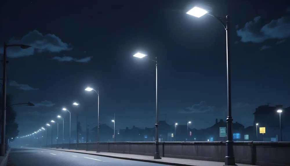 A Row Of Street Lights Illuminating A Street At Night The Sky Is Dark Blue The Road Is Empty And The Scene Is Quiet 32 8e63