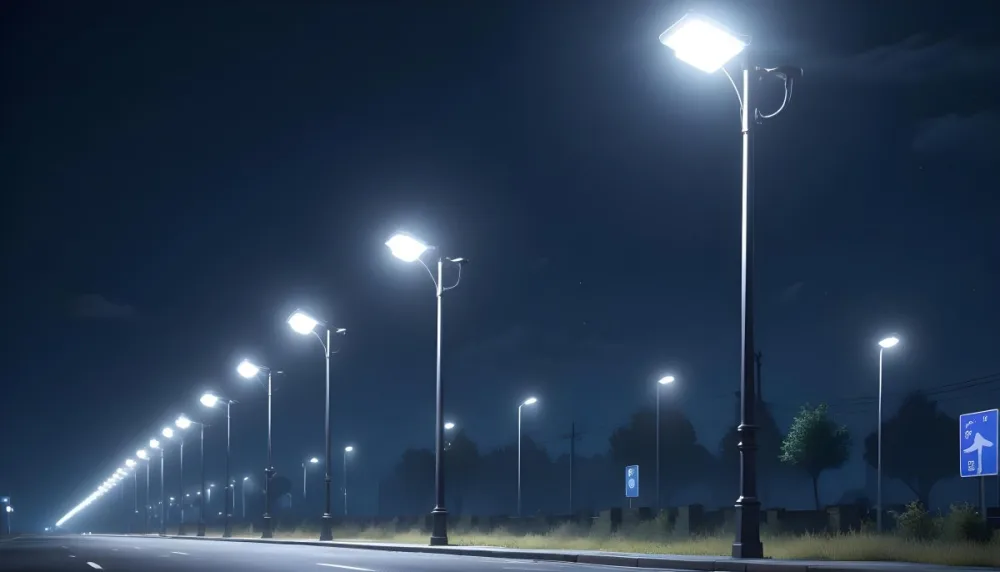 A Row Of Street Lights Illuminating A Street At Night The Sky Is Dark Blue The Road Is Empty And The Scene Is Quiet 4 E267