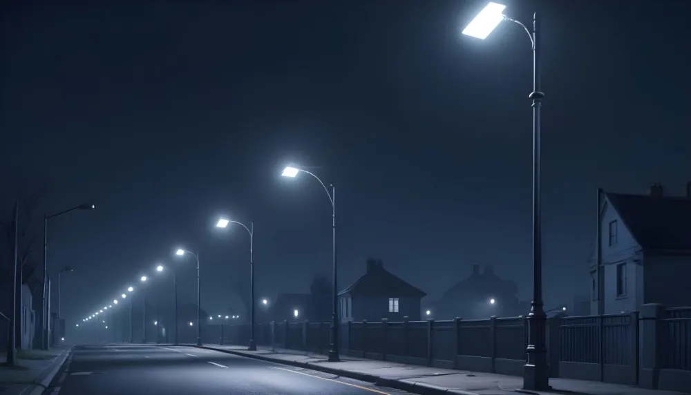 A Row Of Street Lights Illuminating A Street At Night The Sky Is Dark Blue The Road Is Empty And The Scene Is Quiet 5 E905
