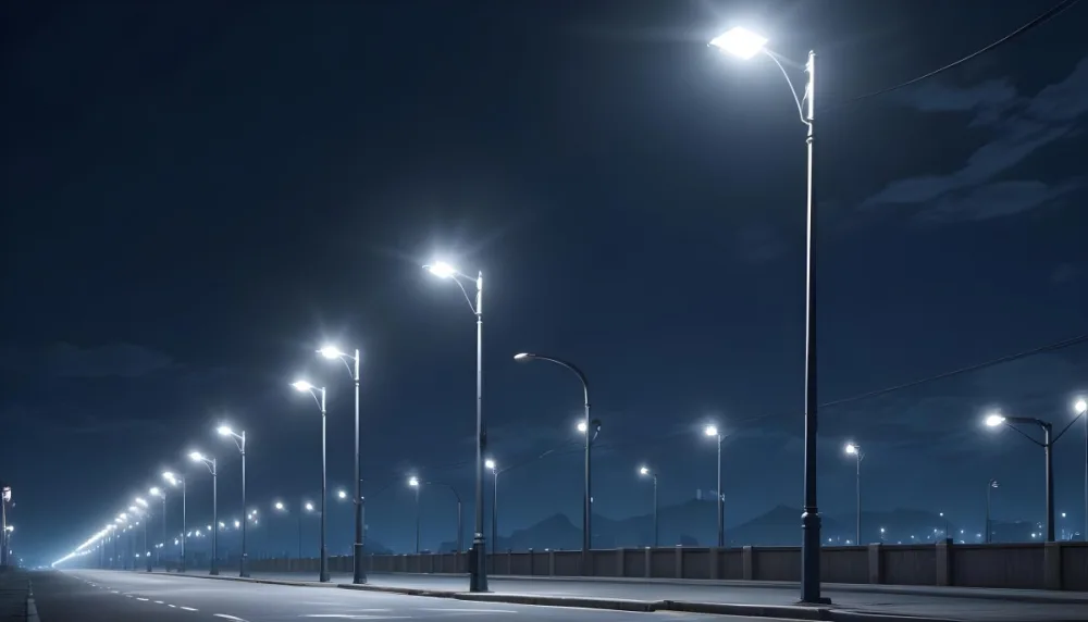 A Row Of Street Lights Illuminating A Street At Night The Sky Is Dark Blue The Road Is Empty And The Scene Is Quiet 6 Dcc0