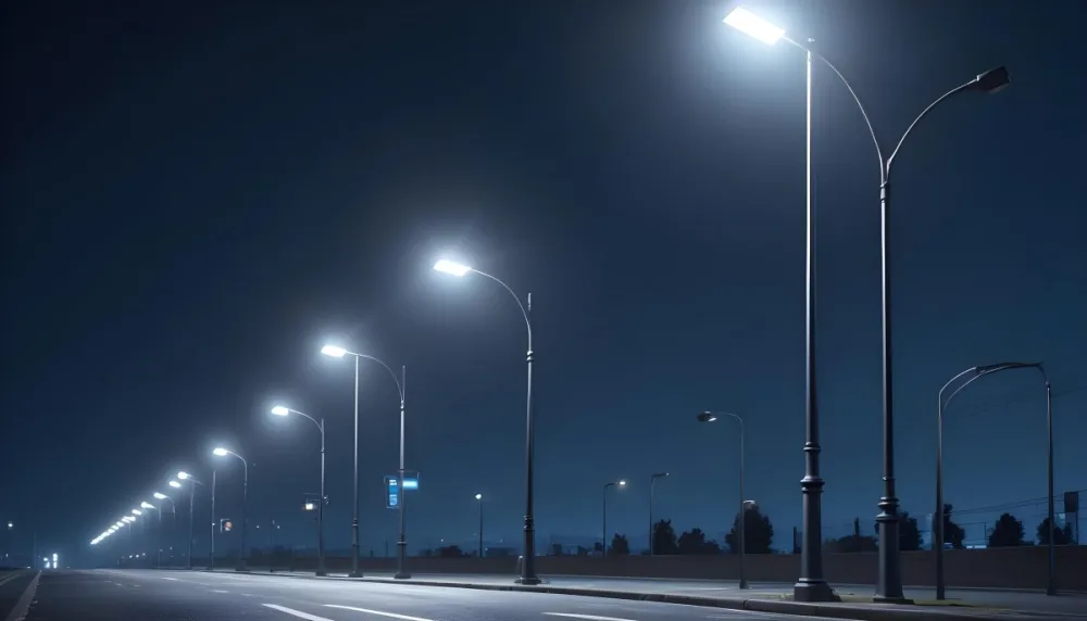 A Row Of Street Lights Illuminating A Street At Night The Sky Is Dark Blue The Road Is Empty And The Scene Is Quiet 7 5883