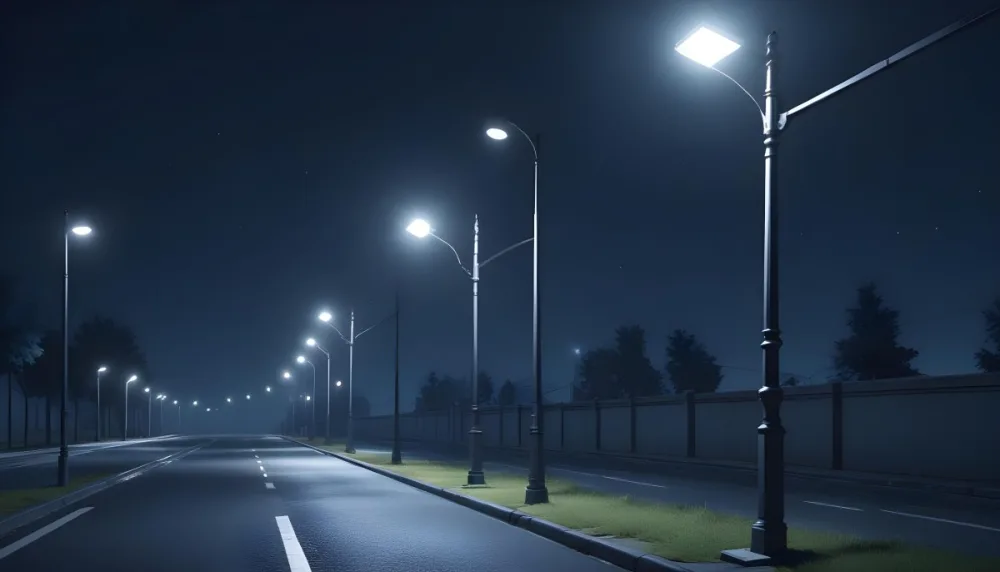 A Row Of Street Lights Illuminating A Street At Night The Sky Is Dark Blue The Road Is Empty And The Scene Is Quiet 8 A533