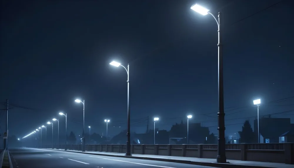 A Row Of Street Lights Illuminating A Street At Night The Sky Is Dark Blue The Road Is Empty And The Scene Is Quiet 9 B81a