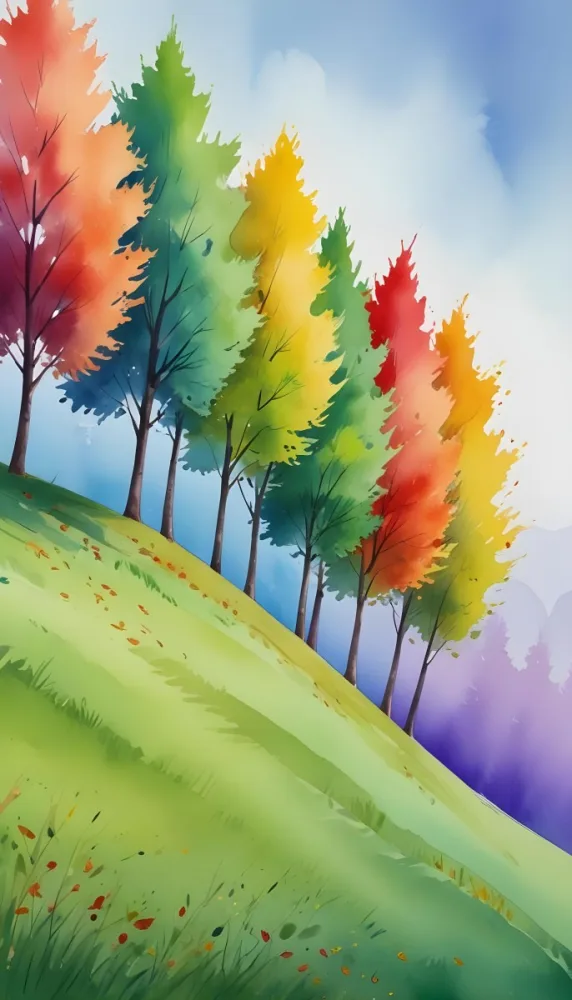 A Row Of Trees With Different Colored Leaves Blue Green Yellow And Red On A Green Grass Hill Clear Purple Sky 15 Eab7