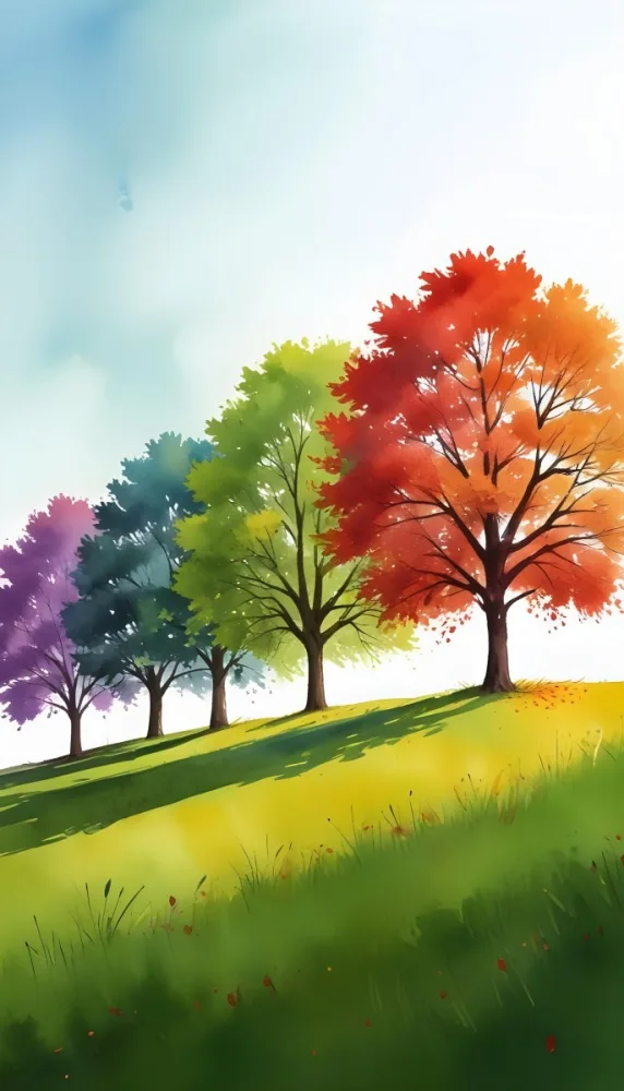 A Row Of Trees With Different Colored Leaves Blue Green Yellow And Red On A Green Grass Hill Clear Purple Sky 2 7fa1