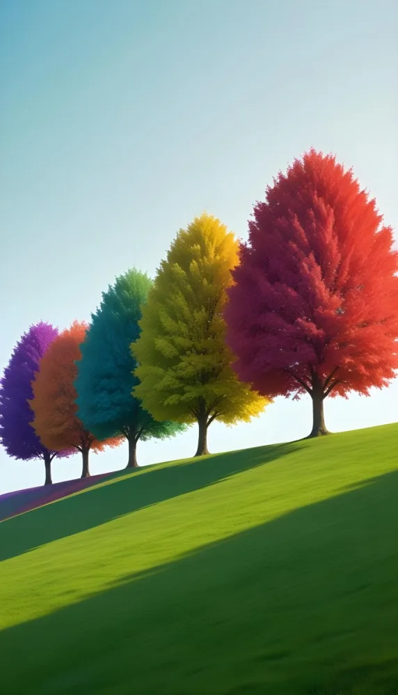 A Row Of Trees With Different Colored Leaves Blue Green Yellow And Red On A Green Grass Hill Clear Purple Sky 29 Ed69