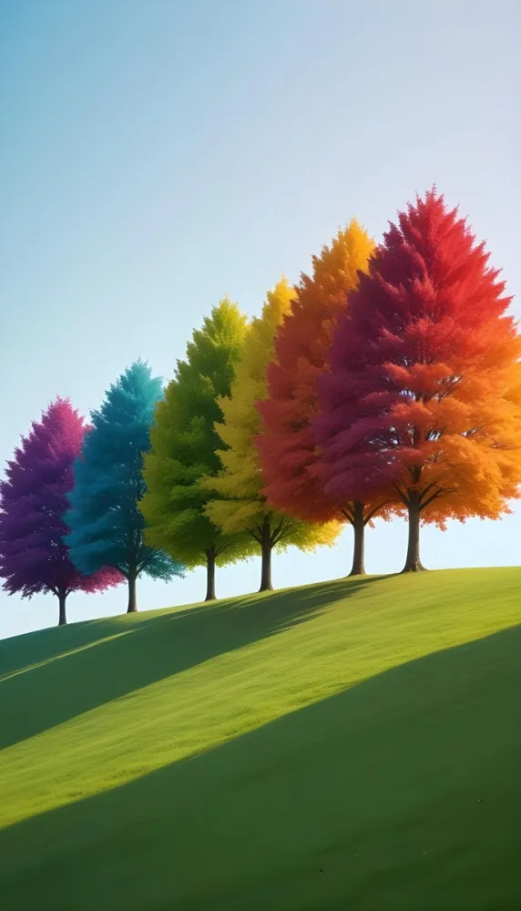 A Row Of Trees With Different Colored Leaves Blue Green Yellow And Red On A Green Grass Hill Clear Purple Sky 30 73b9