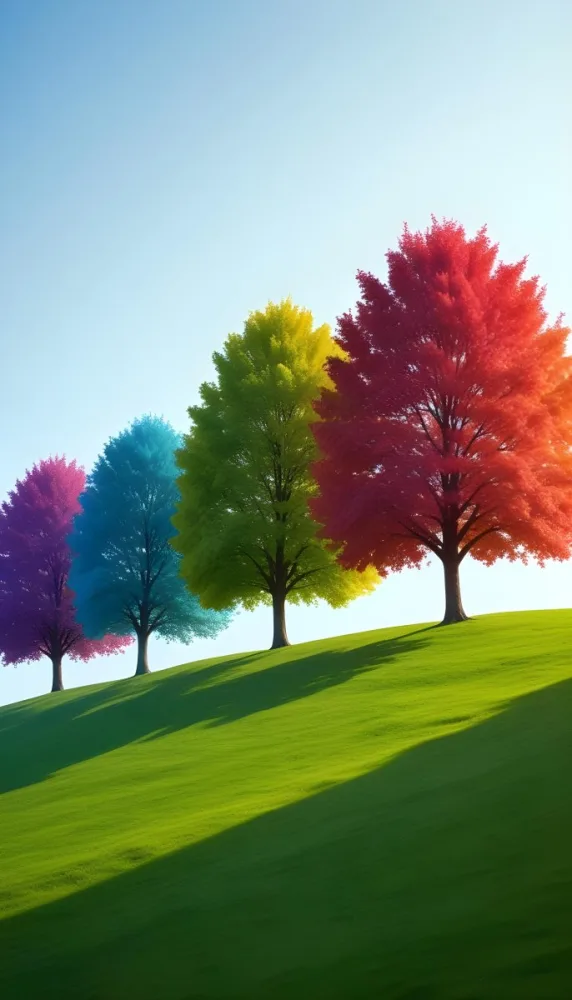 A Row Of Trees With Different Colored Leaves Blue Green Yellow And Red On A Green Grass Hill Clear Purple Sky 31 34e5